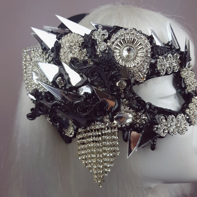 "Demonica" Black Silver Jewel & Mirror Half Mask