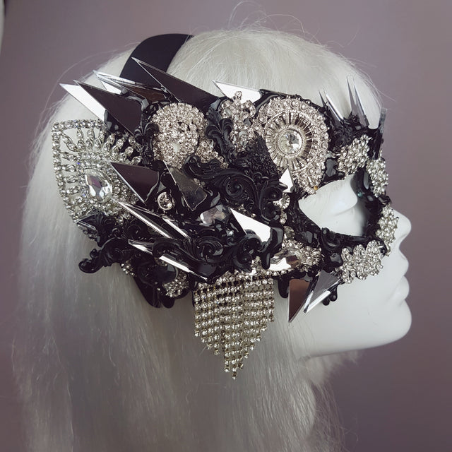 "Demonica" Black Silver Jewel & Mirror Half Mask