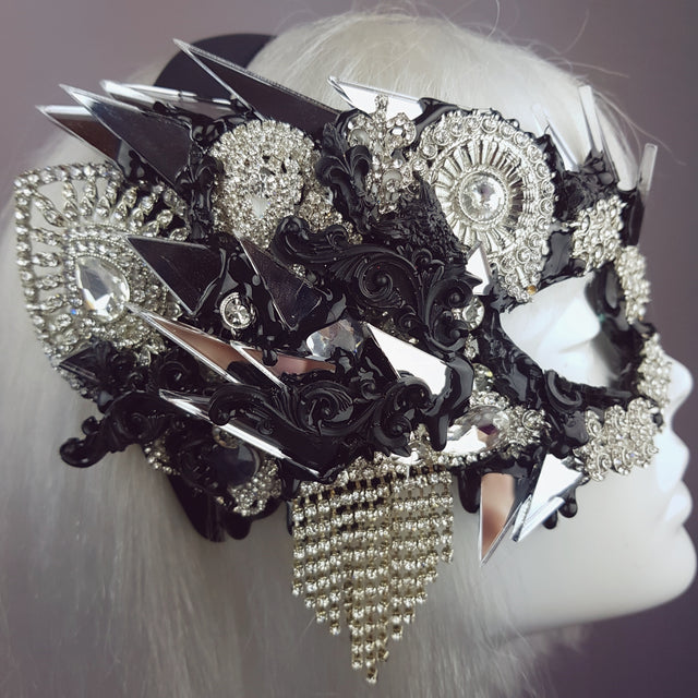 "Demonica" Black Silver Jewel & Mirror Half Mask