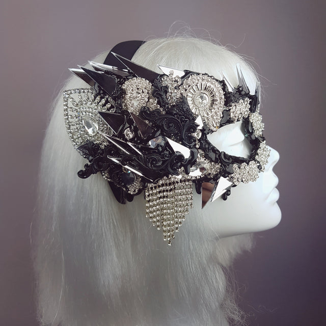 "Demonica" Black Silver Jewel & Mirror Half Mask