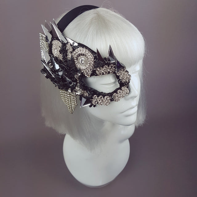 "Demonica" Black Silver Jewel & Mirror Half Mask