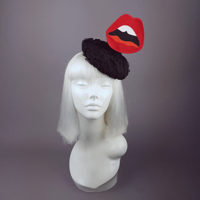 "Lèvres" Red Lips on Black Lace Hat