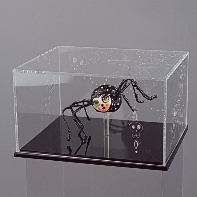 "Graphomoa" Pop Surreal Spider Doll Sculpture in A Hand Engraved Clear Box