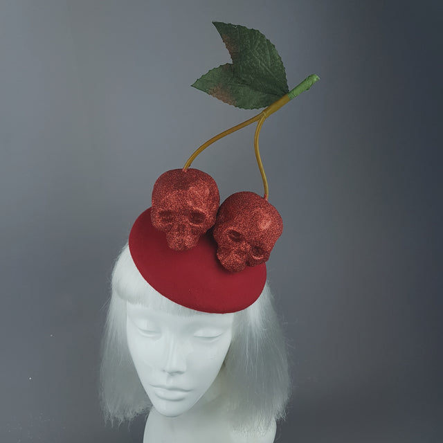"Cerises" Large Red Glitter Skull Cherries Fascinator Hat