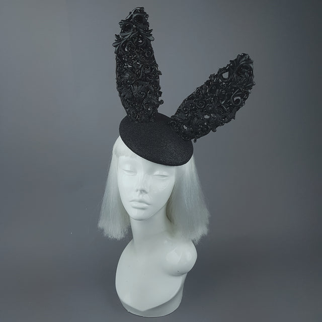 "Binky" Black Filigree Baroque Bunny Rabbit Ears Hat
