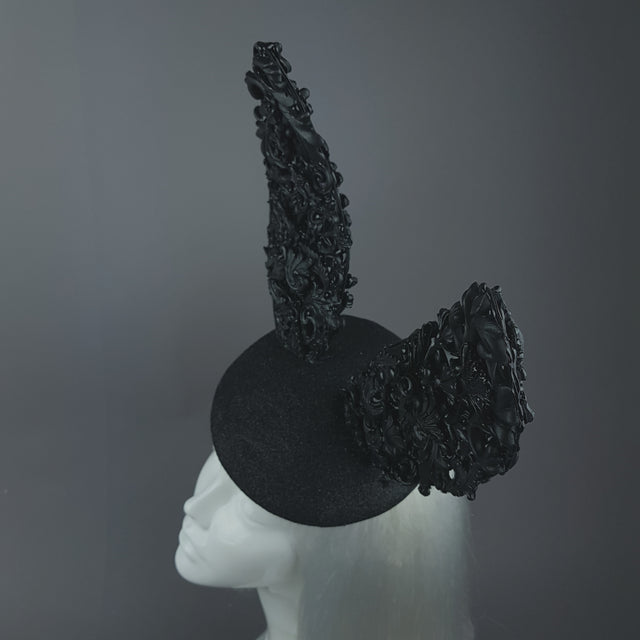 "Binky" Black Filigree Baroque Bunny Rabbit Ears Hat