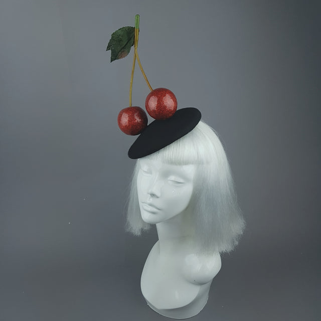 "Chérie" Large Red Glitter Cherries Fascinator Hat