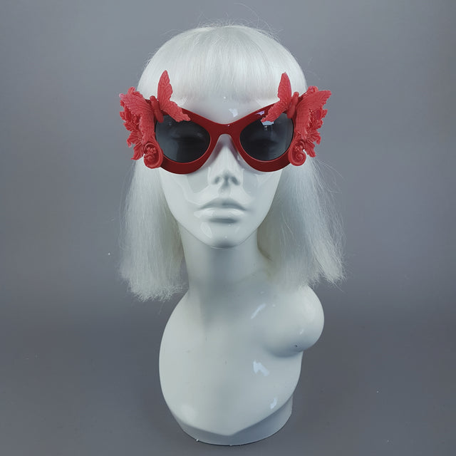 "Alucarda" Red 3D Butterflies Filigree Catseye Sunglasses