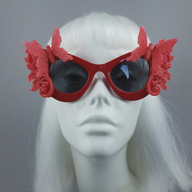"Alucarda" Red 3D Butterflies Filigree Catseye Sunglasses