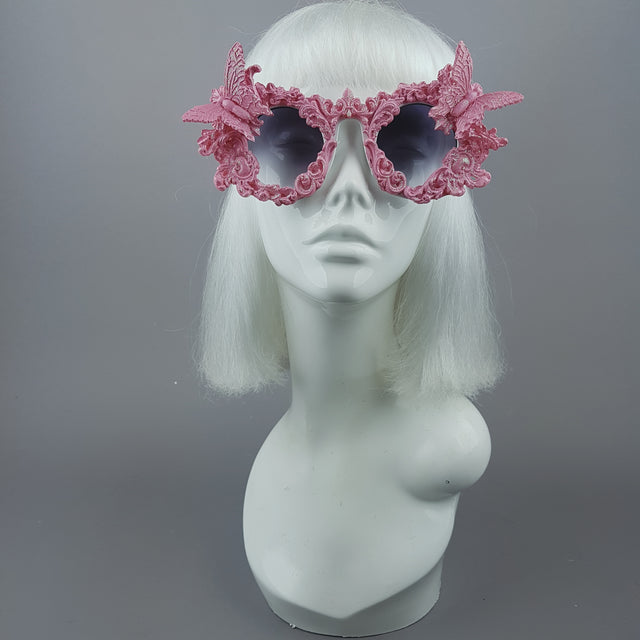 "Bellamira" Pink Glitter Filigree & Butterfly Sunglasses