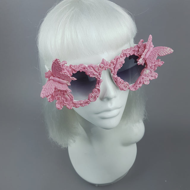 "Bellamira" Pink Glitter Filigree & Butterfly Sunglasses