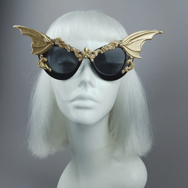 "Vamp" Gold Bat Wing Filigree Catseye Sunglasses