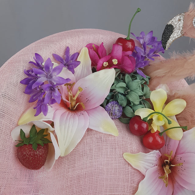 "Perdita" Feather Flamingo, Flower & Fruit Fascinator Hat