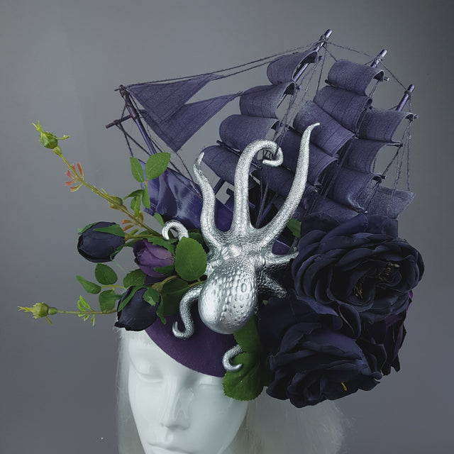 "From The Deep" Ship, Silver Octopus & Purple Roses Fascinator Hat