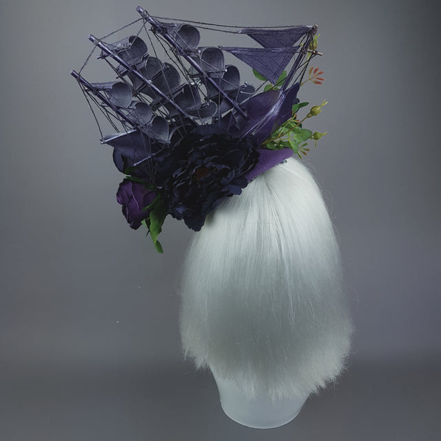 "From The Deep" Ship, Silver Octopus & Purple Roses Fascinator Hat