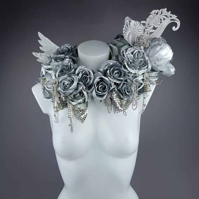 "Angelus" Silver Rose, Angel Wing Moulded Shoulder/Neckpiece