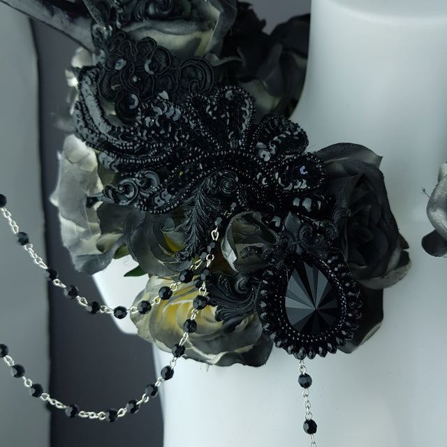 "Corvum Noir" Dark Rose, Antlers and Raven Moulded Shoulder/Neckpiece