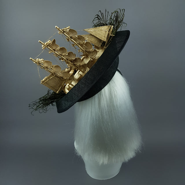 "Ira" Gold Ship, Octopus, Filigree & Peacock Feather Fascinator Hat