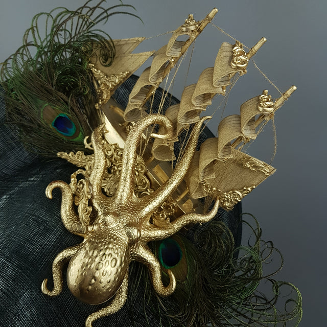 "Ira" Gold Ship, Octopus, Filigree & Peacock Feather Fascinator Hat