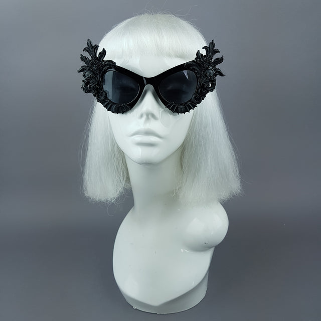 "Lilah" Black Skull Filigree Cats Eye Sunglasses