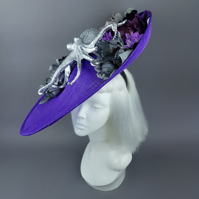 "Marcellina" Silver Octopus & Purple Flowers Hat
