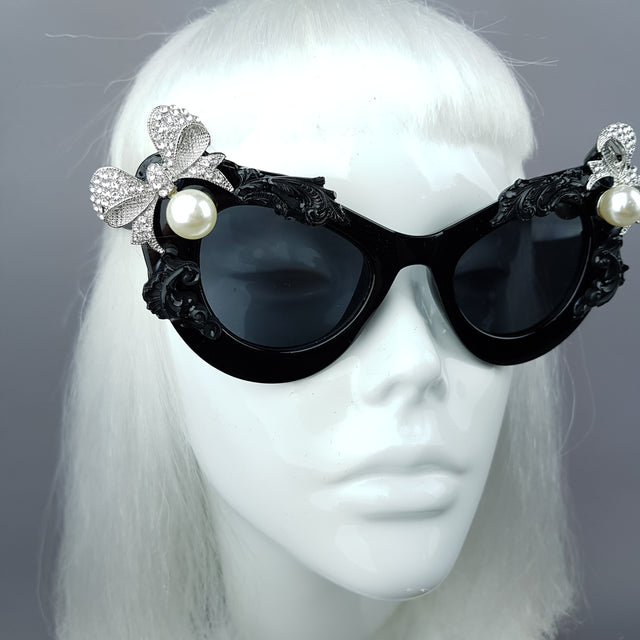 "Kiara" Black Pearl Box Jewel Filigree Cats Eye Sunglasses