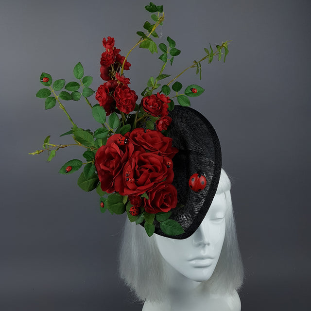 "Encantador" Red Rose & Ladybird Fascinator Hat