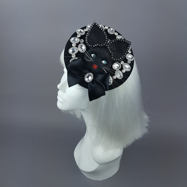 "Sootie" Bejewelled Black Dollface Cat Fascinator Hat