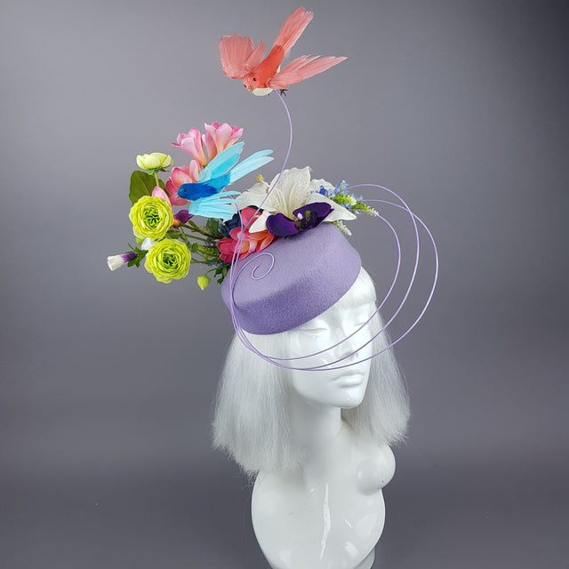 "Azalea" Bird & Flower Purple Fascinator Hat