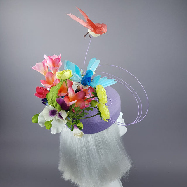 "Azalea" Bird & Flower Purple Fascinator Hat