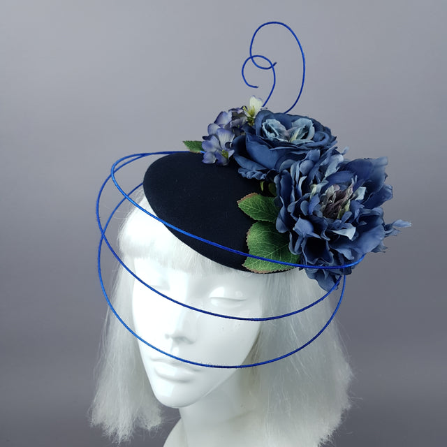 "Radella" Blue Flower & Wired Veil Fascinator Hat