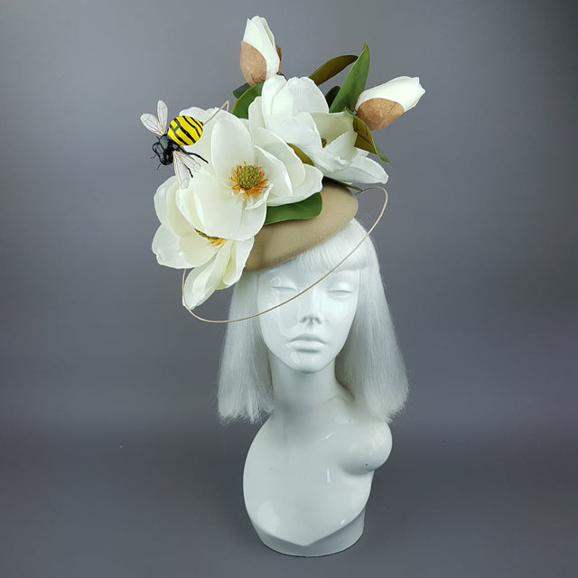"Tania" Ivory Magnolia Flowers & Bee Fascinator