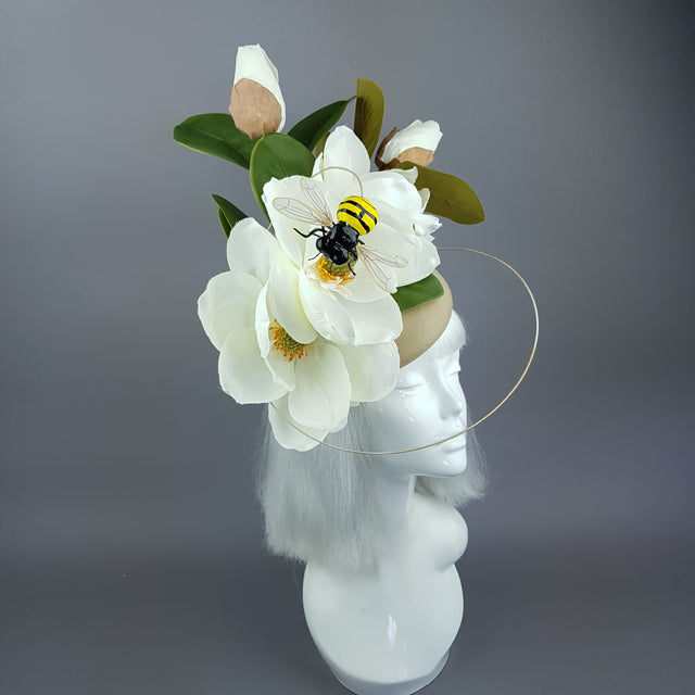 "Tania" Ivory Magnolia Flowers & Bee Fascinator