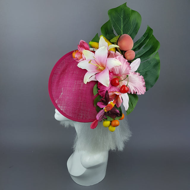"Dulcina" Fuchsia Pink Flower & Fruit Ascot Wedding Hat