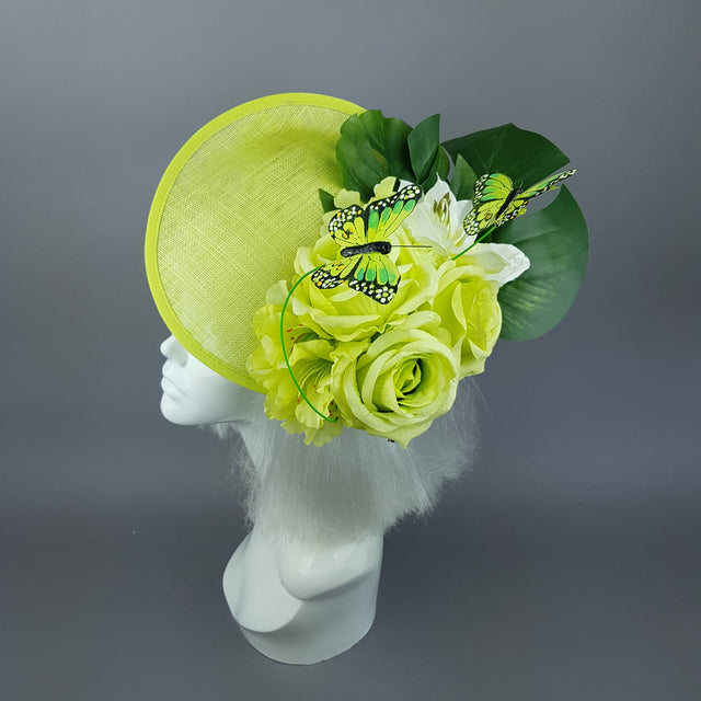 "Amour de Chaux" Neon Lime Green, Flower & Butterfly Ascot Wedding Hat