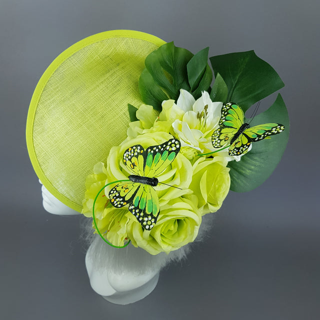 "Amour de Chaux" Neon Lime Green, Flower & Butterfly Ascot Wedding Hat