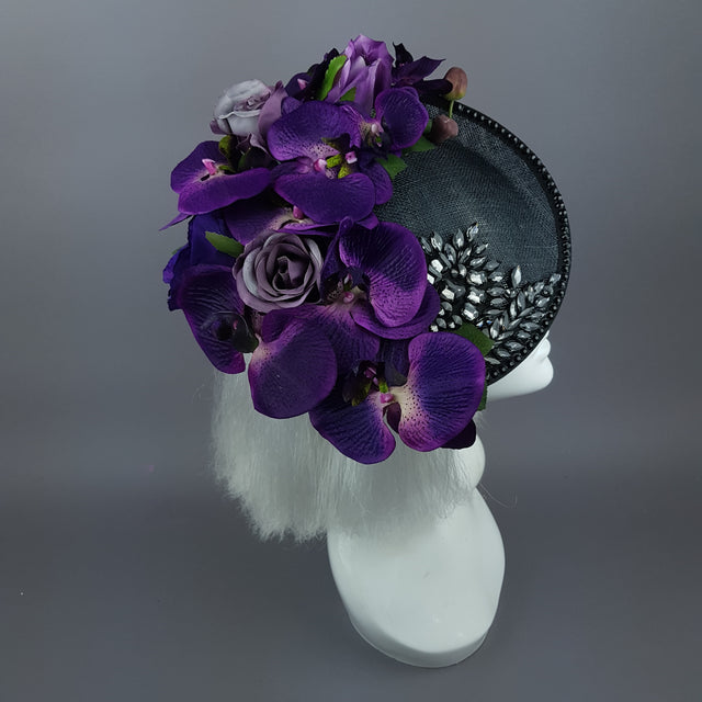 "Viola Profondo" Deep Purple Flower & Jewel Black Hat