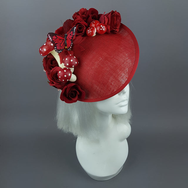 "Ellette" Red Rose Butterfly Floral Mushroom Hat Fascinator