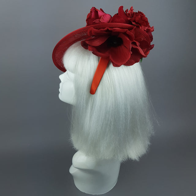 "Ellette" Red Rose Butterfly Floral Mushroom Hat Fascinator