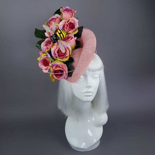 "Nevaeh" Pink Rosebuds Flower & Bee Fascinator Hat