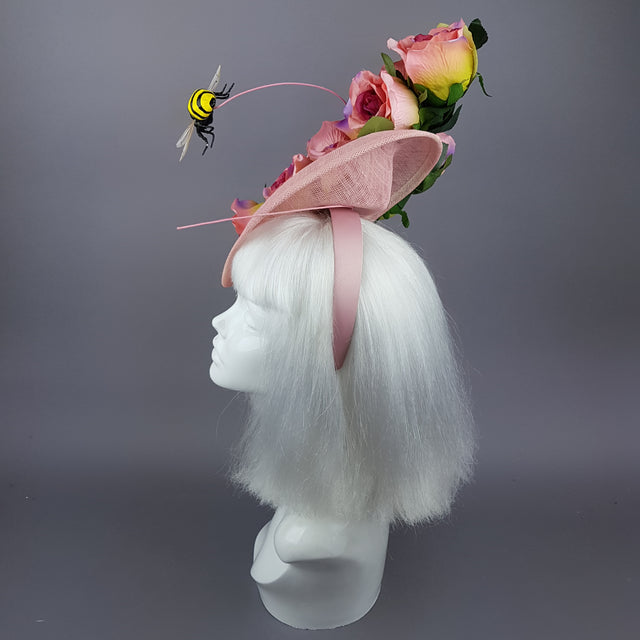 "Nevaeh" Pink Rosebuds Flower & Bee Fascinator Hat