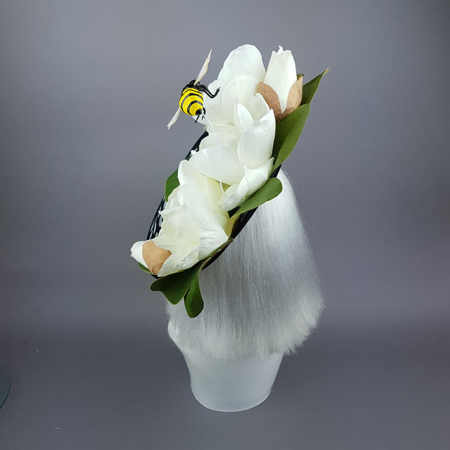 "Nissa" Large Ivory Magnolia Flower & Bee Polka Dot Hat