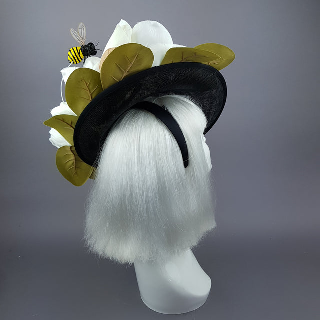 "Nissa" Large Ivory Magnolia Flower & Bee Polka Dot Hat