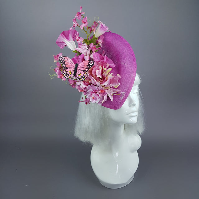 "Cyrena" Pink Tropical Flowers & Butterfly Fascinator Hat