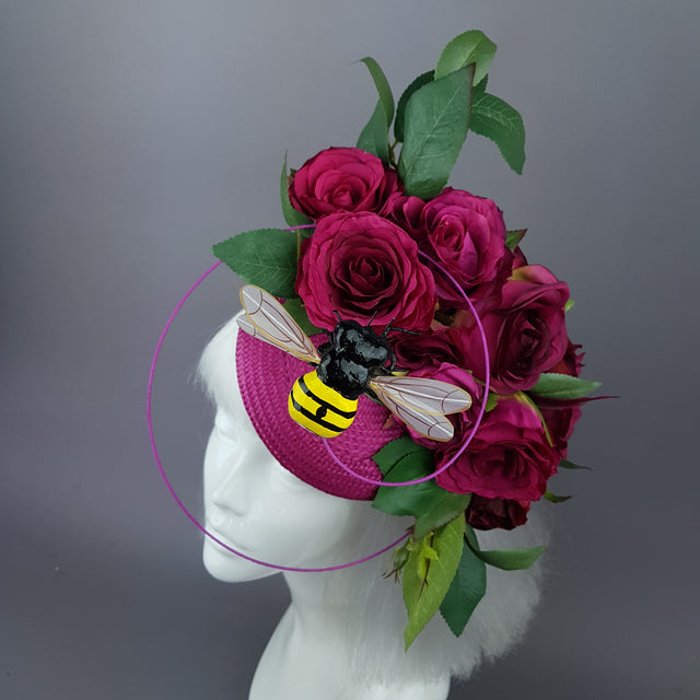 "Ruby Tuesday" Pink Rose Flowers & Bee Fascinator Hat