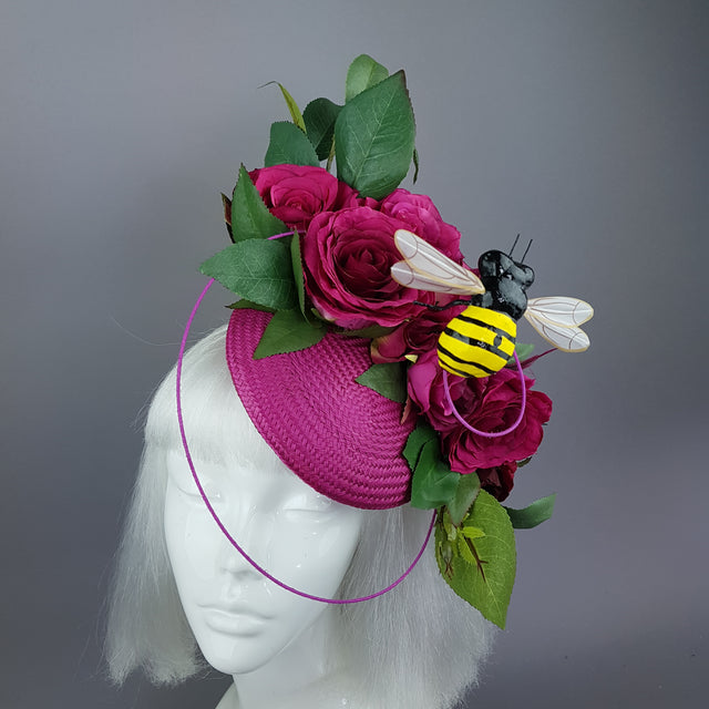 "Ruby Tuesday" Pink Rose Flowers & Bee Fascinator Hat