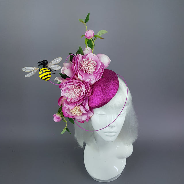 "Eglantine" Pink Glitter Rose & Bee Fascinator
