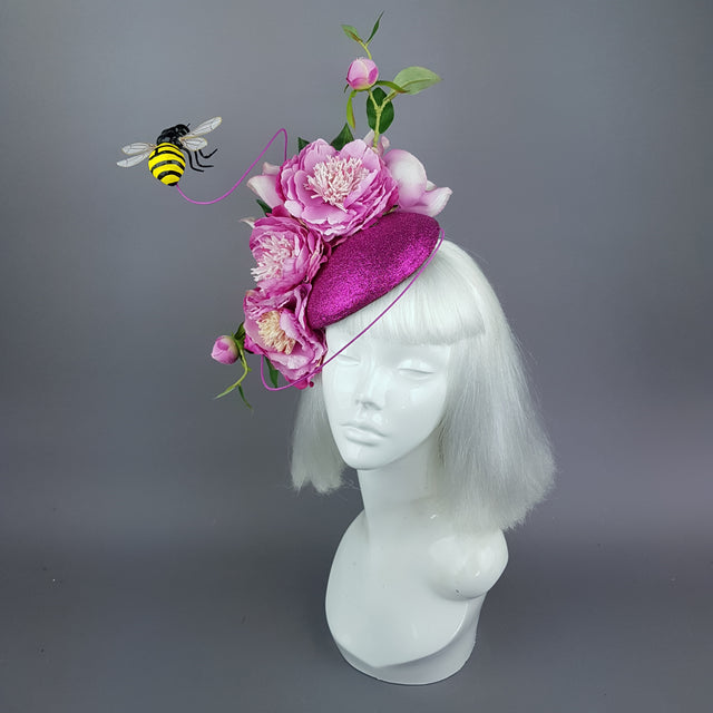 "Eglantine" Pink Glitter Rose & Bee Fascinator