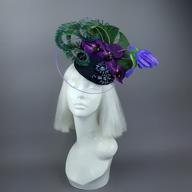"Maraja" Purple Orchid, Deep Blue Jewels, Peacock Feathers & Hummingbird Fascinator Hat