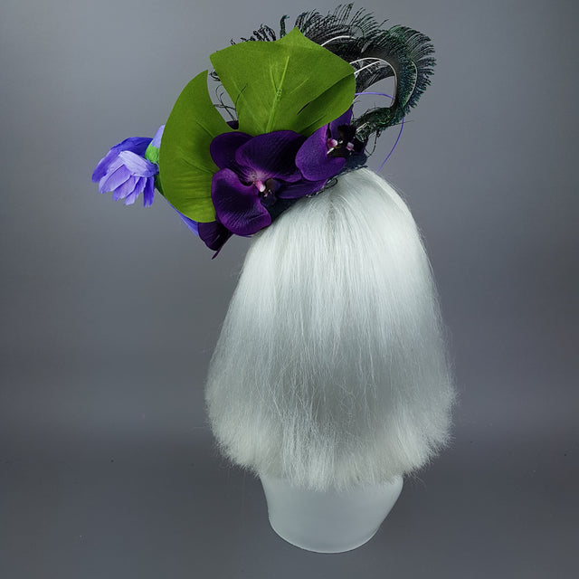 "Maraja" Purple Orchid, Deep Blue Jewels, Peacock Feathers & Hummingbird Fascinator Hat